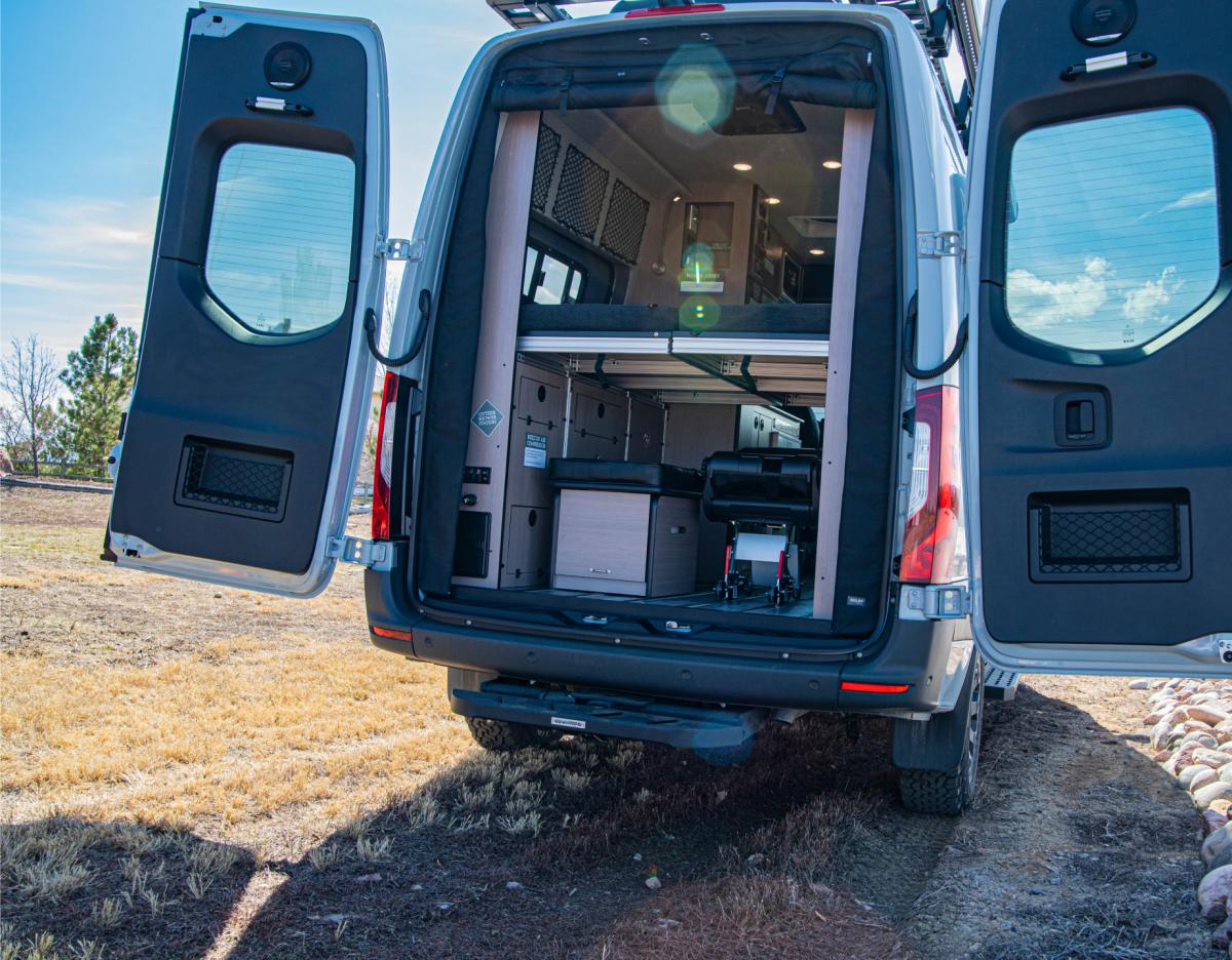 An open back door view of an Antero Adventure Van