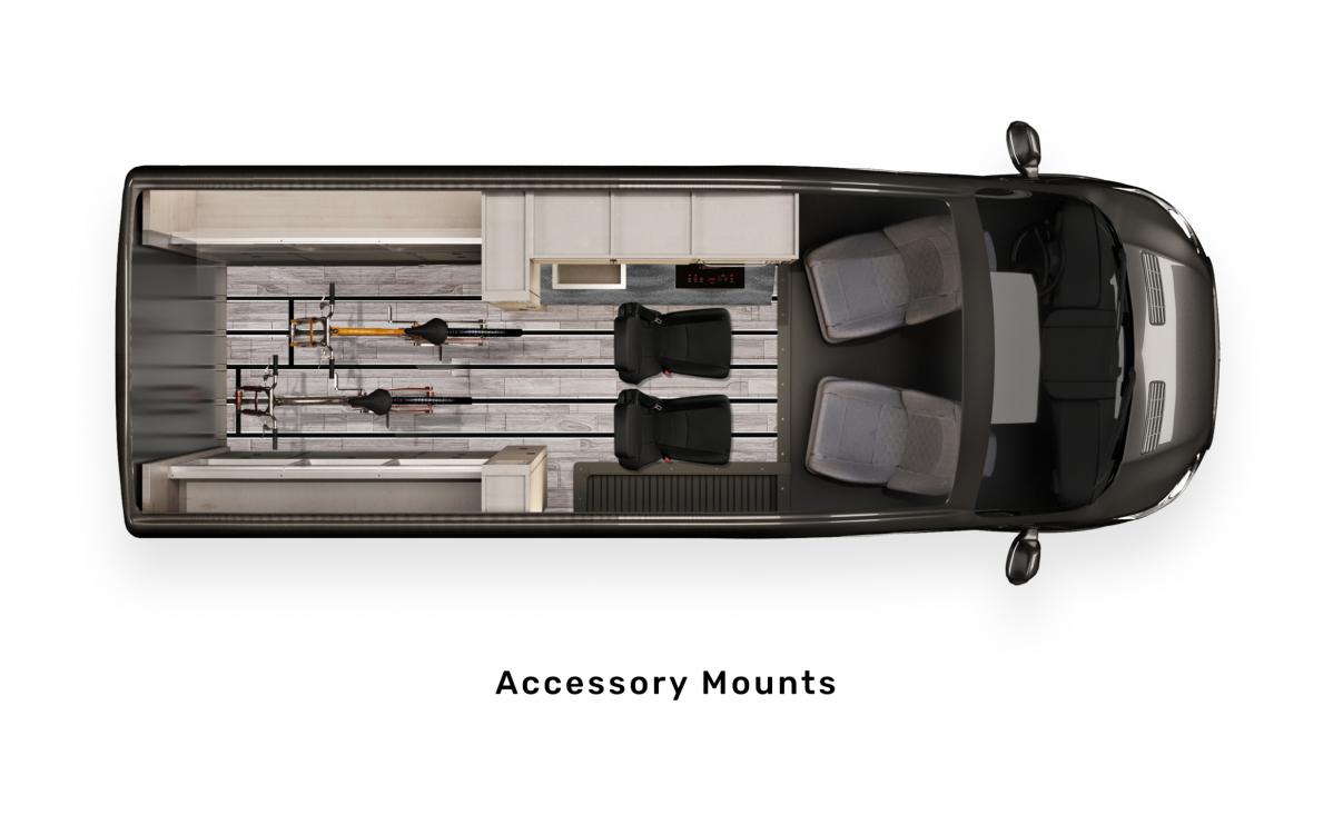 An aerial rendering of the Ford Antero Adventure Van model displaying the accessory mounts with bikes and chairs