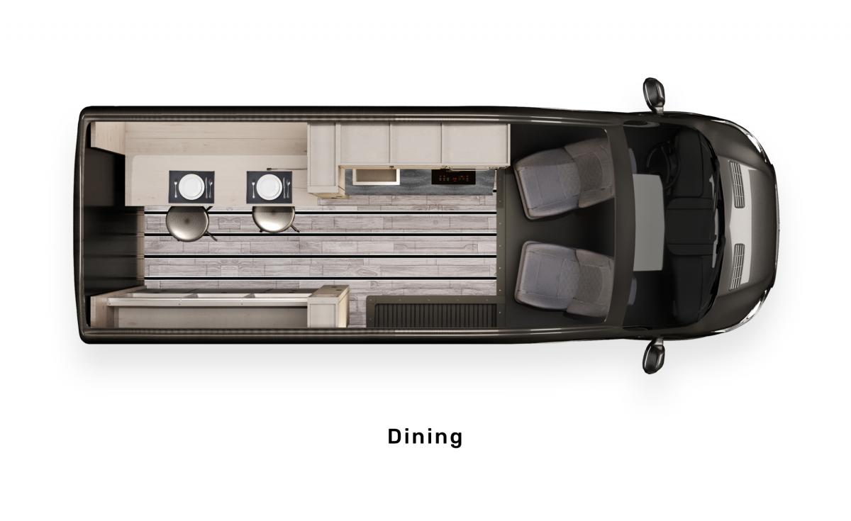 An aerial rendering of the Ford Antero Adventure Van model displaying the dining arrangement