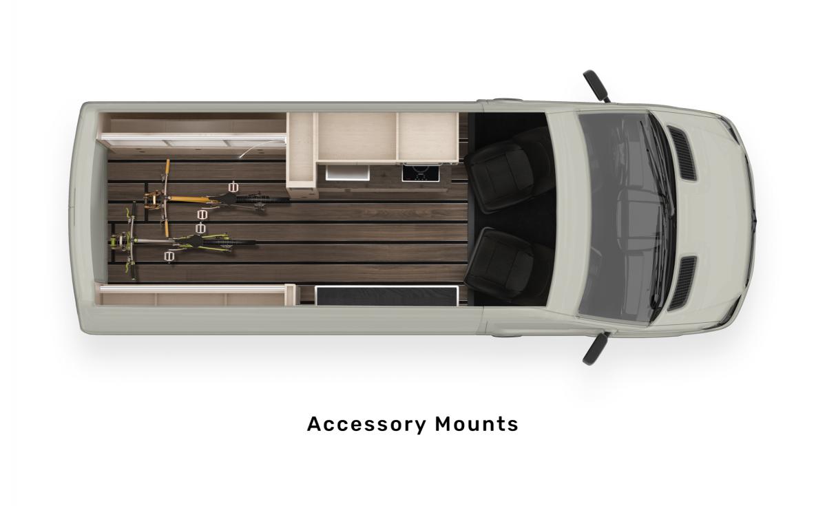 An aerial rendering of the Mercedes Antero Adventure Van model displaying the accessory mounts with bikes and chairs
