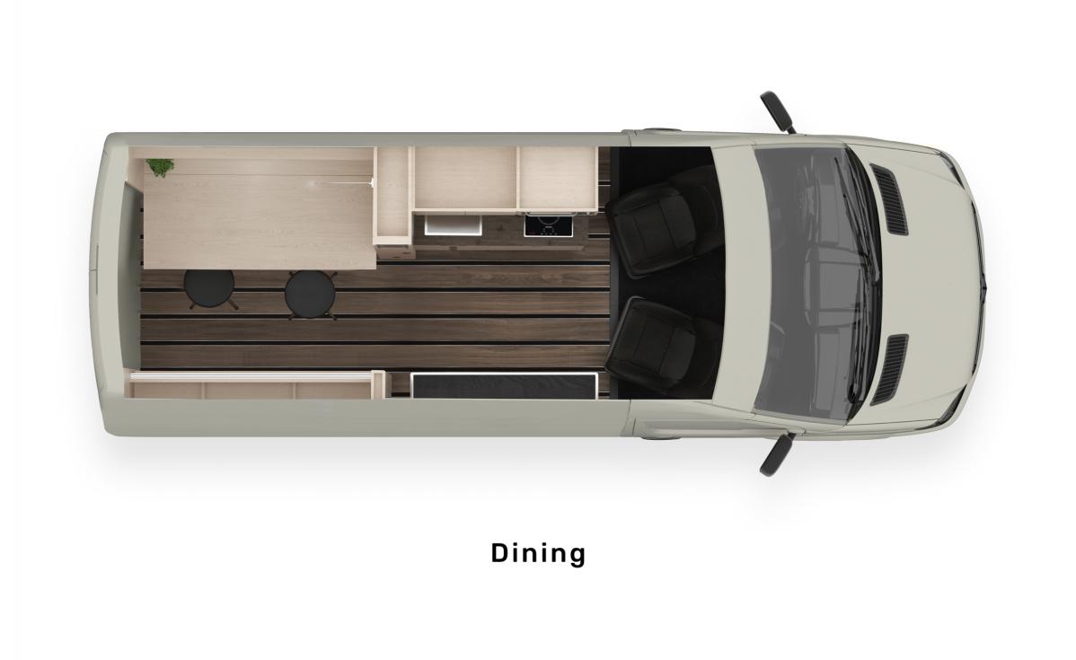 An aerial rendering of the Mercedes Antero Adventure Van model displaying the dining arrangement