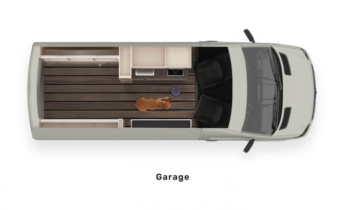 An aerial rendering of the Mercedes Antero Adventure Van model displaying the open garage space with a dog
