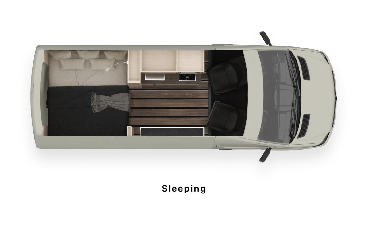 An aerial rendering of the Mercedes Antero Adventure Van model displaying the sleeping arrangement