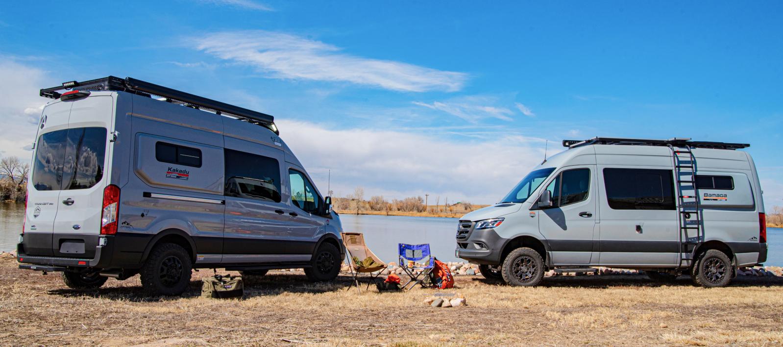 Two Antero Adventure Vans facing each other with a lake in the background