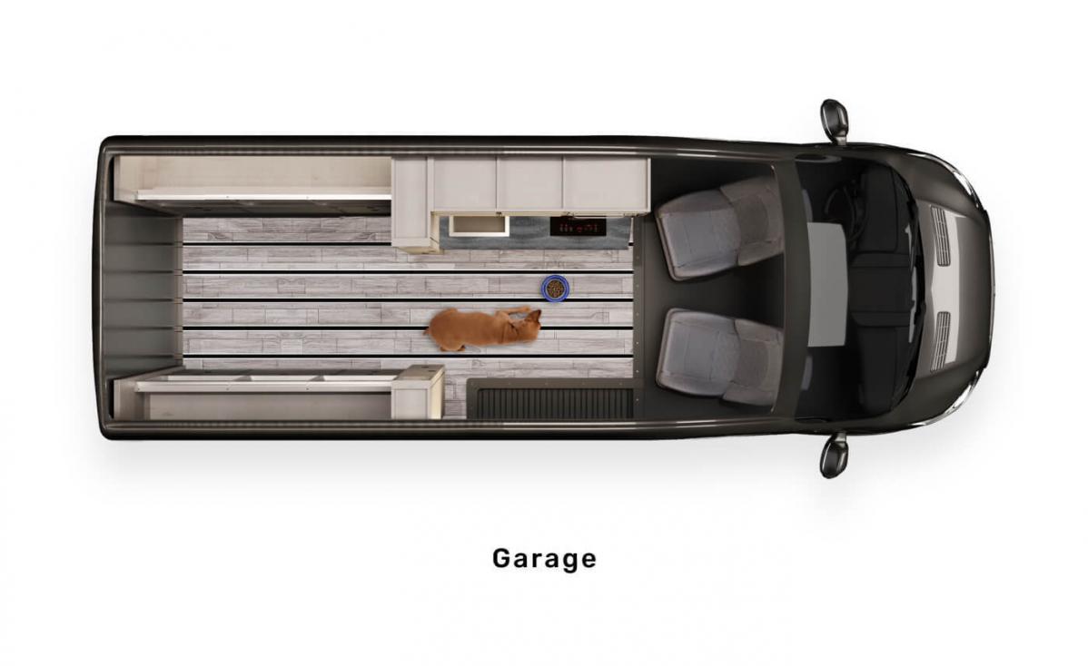 An aerial rendering of the Ford Antero Adventure Van model displaying the open garage space with a dog