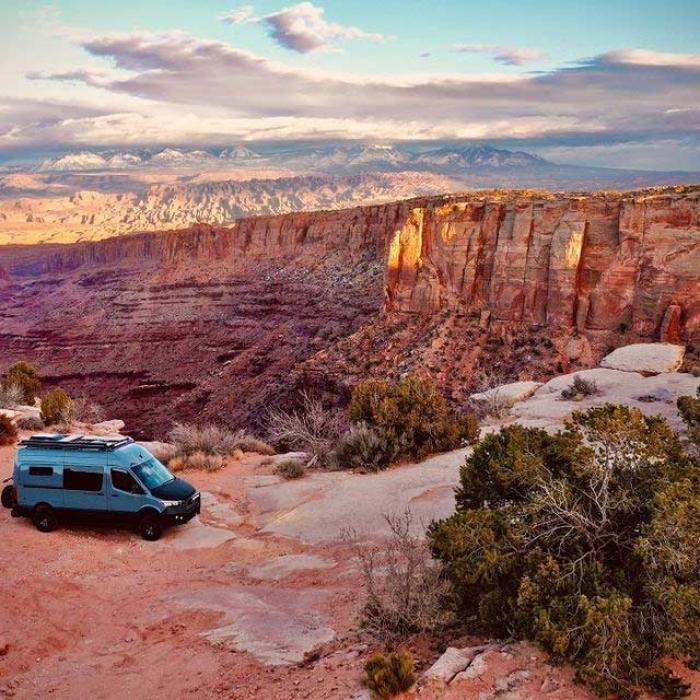 An Antero Adventure Van from a high vantage point overlooking a red rock canyon